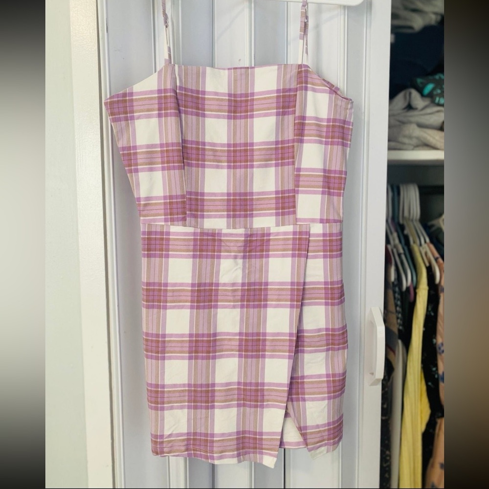 Purple and tan gingham romper